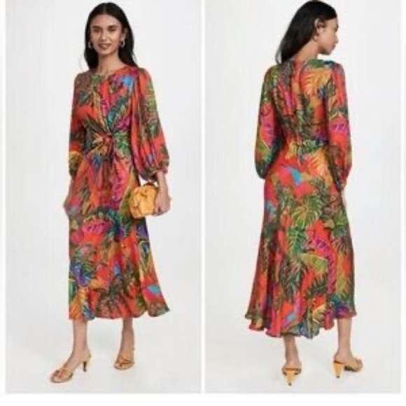 New Farm Rio Dress S Orange Tropical Floral Side Cut-Out Midi Peasant Sleeve M - Picture 2 of 8